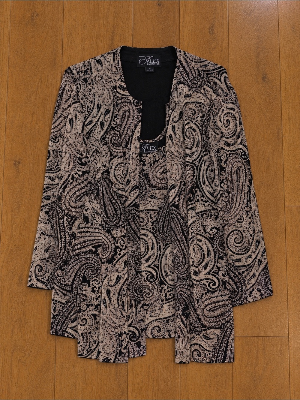 Alex Evenings Women's Glitter Black/Taupe Paisley Open Jacket & Top Set Size 1X